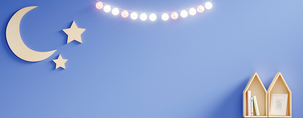 Home decoration with moon, stars and toy houses and a beautiful line of lamps with blue background.
