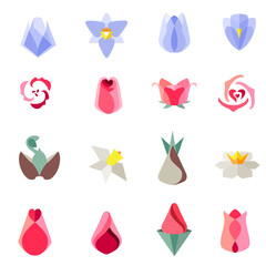 Stylized spring flowers, tulips, crocuses and daffodils. Set with different abstract trendy symbols. Modern eco logotypes for your design projects. Flat style.