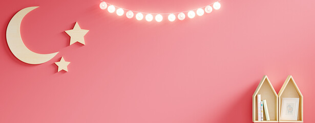 Home decor with moon, stars and toy houses and a beautiful clothesline with pink background.