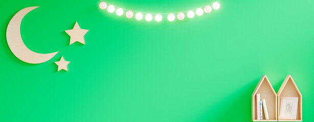 Home decoration with moon, stars and toy houses and a beautiful line of lamps with green background.