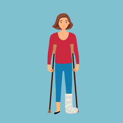 Woman with broken leg and using crutches in flat design. Leg accident. Wounded female.