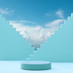 Fototapeta premium Podium stage stand on blue cloudy sky background 3d render 