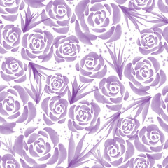 Hand drawn watercolor violet roses floral seamless pattern