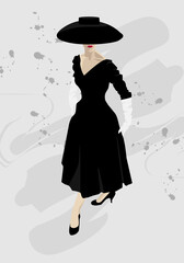 Fashion illustration of lady in Dior style old-classic black dress and hat. 