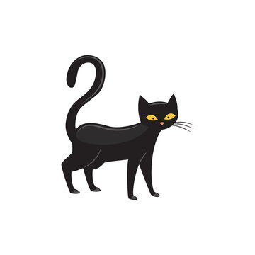 Black cat with yellow eyes and long tail, flat vector illustration isolated.