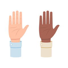 White and black hand shows five fingers, fifths vector illustration isolated on white background