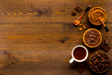 Coffee and cocoa beans and powder. Chocolate and coffee background