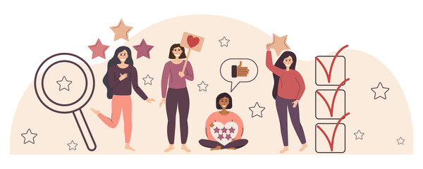 Obraz na płótnie Canvas Flat illustration with quality rating. Establish the concept of evaluating the work and receiving feedback. Different girls with stars and hearts. Vector illustration in a flat linear style