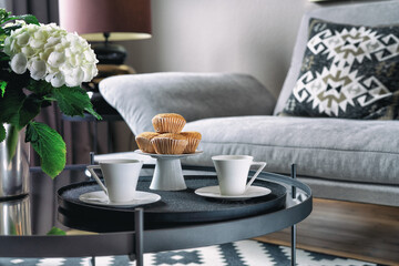 Stylish living room interior of modern apartment and trendy furniture, plants and elegant accessories. Home decor.