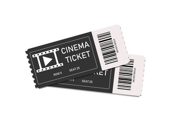 Vintage movie tickets. Two tickets in cinema or theater. Coupon with admit. Film concept. Background for realistic paper ticket on front view. Card or template for enter to concert, festival. Vector