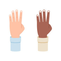 White and black hand shows four fingers, fourth fingers vector illustration isolated on white background