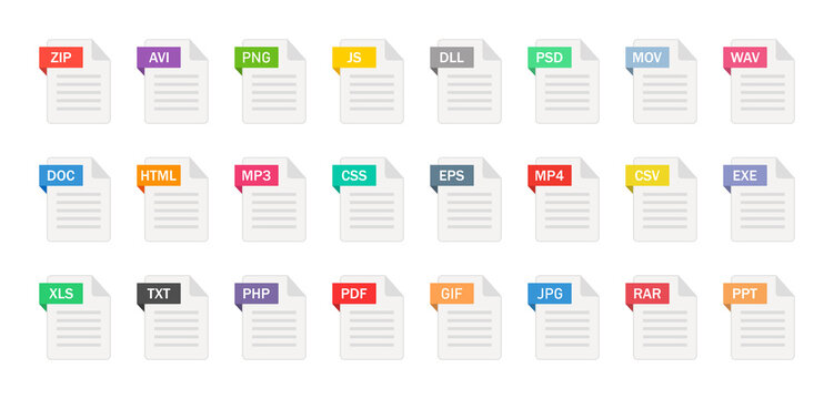 File type icons. Format and extension of documents. Set of pdf, doc, excel, png, jpg, psd, gif, csv, xls, ppt, html, txt and others. Icons for download on computer. Graphic templates for ui. Vector