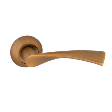 Anatomical bronze door handle with a reddish tint on a round base with a spiral handle with a matte finish in a simple modern classic design on a white background