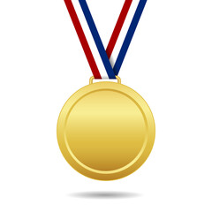 Gold medal with ribbon. Trophy of winner. Award for 1place. Prize of championship. Golden medal isolated on white background. Medalion with ribbon for champion. Honor for victory on ceremony. Vector - obrazy, fototapety, plakaty