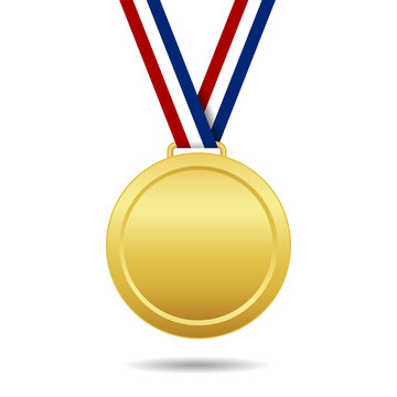 Gold medal with ribbon. Trophy of winner. Award for 1place. Prize of championship. Golden medal isolated on white background. Medalion with ribbon for champion. Honor for victory on ceremony. Vector