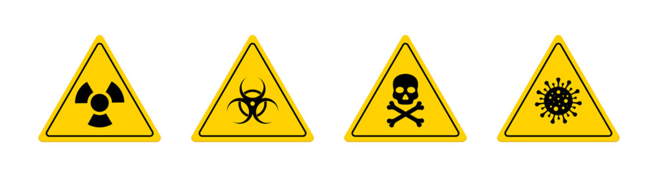Toxic symbol. Sign of hazard of covid19. Icon of radiation. Symbol of biohazard. Danger from radioactive, chemical substance. Triangle sign for caution and safety. Stop virus epidemic, death. Vector