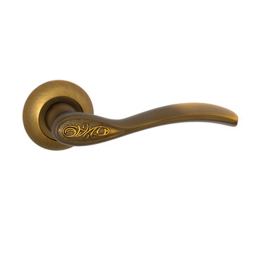 Bronze entrance door handle with a yellowish tint on a round base, and an anatomical handle with a matte finish with decorative elements on the front side on a white background