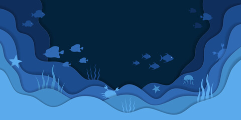Sea fish. Ocean fish. Underwater world of aquarium, sea and ocean. Seabed with coral, reef and water animal. Undersea blue background for banner. Cut aquatic landscape for environment. Vector