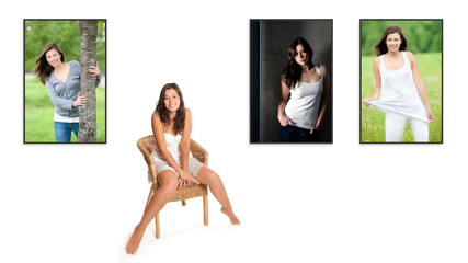 Happy young woman sitting on a wicker chair in front of three outdoor portrait photos of herself, isolated in front of white studio background 