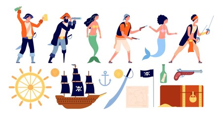 Pirates and mermaids. Cute mermaid, pirate cartoon ship crew. Treasure map, isolated sailboat chest and flat marine kids utter vector elements