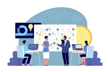 Agile development project. Business management, brainstorm and task board. Company scrum working methodology, office team utter vector concept