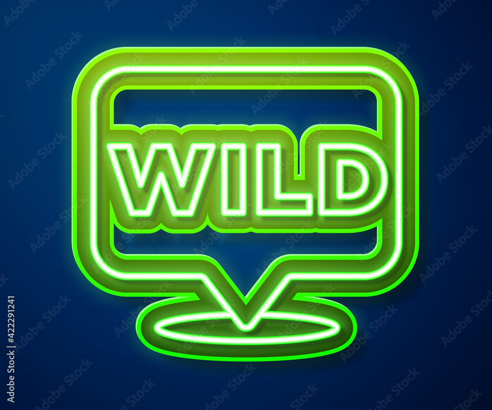 Poster glowing neon line pointer to wild west icon isolated on blue background. western signboard, message 