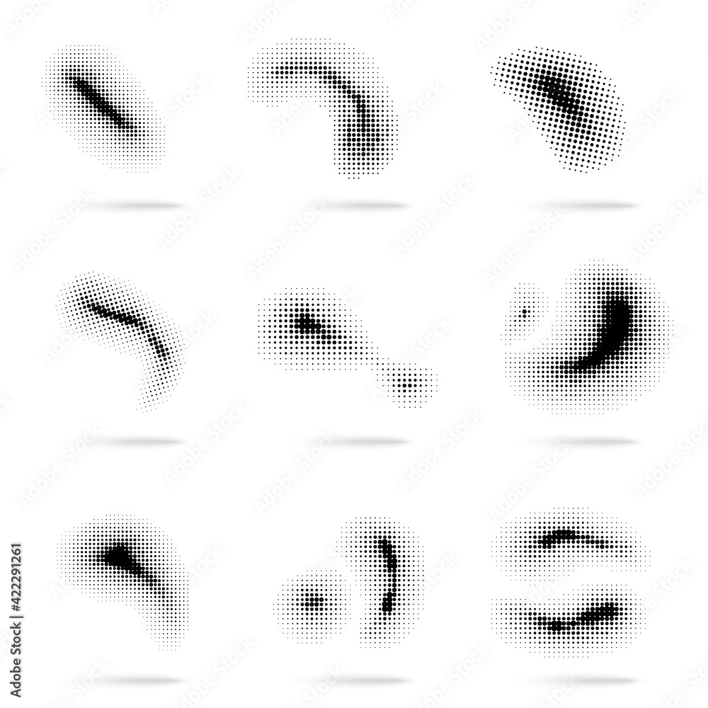 Poster halftone dots shapes. abstract swirl, dotted wave design. geometric elements, circular gradient text