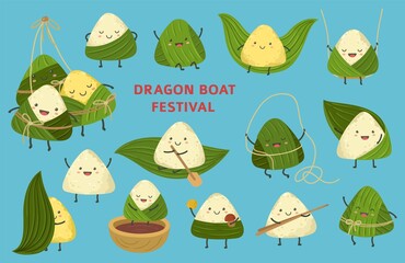 Rice dumpling characters. Dragon boat festival, asian cute dumplings food. Chinese cartoon zongzi and leaves, festive child stickers exact vector set