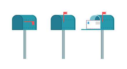 Set of three vintage mail boxes on the pole, flat vector illustration isolated.