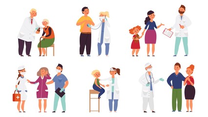 Naklejka premium Doctor visiting. Cartoon doctors, woman examining in hospital. Patient talking with nurse, decent medicine for family and elderly people vector set