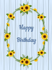 Frame of sunflowers and leaves, birthday card against the background of wooden texture. Vector