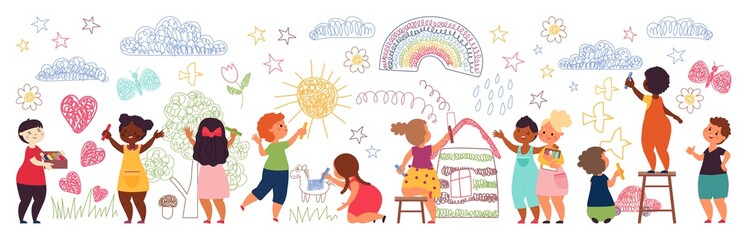 Kids painting on wall. Cute preschool girl, children with crayons draw picture. Drawing characters, school imagination activities decent vector set