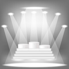 White Cylinder Platforms and Lights. Pidium Winners Levels. Illuminated Sport Pedestal
