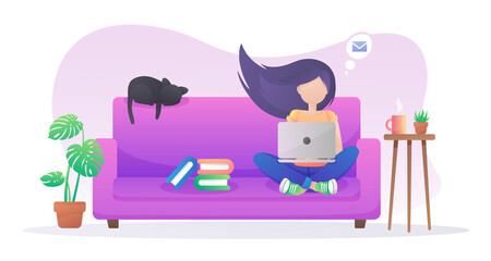 Girl with black hair sitting in purple sofa with laptop, notebook and books, plants in a pots and cup of coffee, tea, and black cat. Vector illustration isolated on white background.