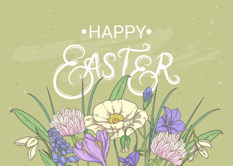 Happy Easter. Banner with spring flowers