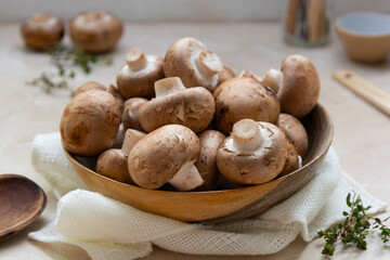 Champignons uncooked, cooking ingredients for a mushroom soup