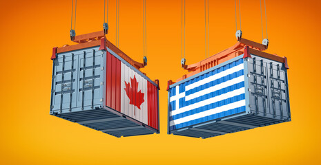 Freight containers with Canada and Greece flag. 3D Rendering 