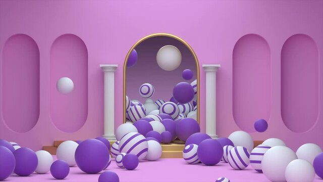 White and purple spheres fly out of a golden arch on the background of a pink wall,Abstract animation, 3d render 