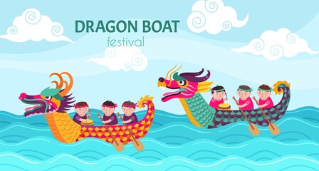 Dragon boat festival. Dragons boats cartoon boys, chinese boating water race. Sport competition, happy asian celebration on sea exact vector poster
