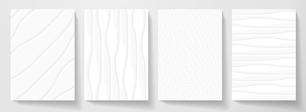 Modern white cover design set. Abstract wavy line pattern (curve) in monochrome. Creative stripe vector collection for business background page, certificate, brochure template, booklet, vertical flyer