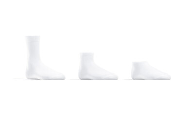 Blank white long, low cut and ancle socks mockup stand,