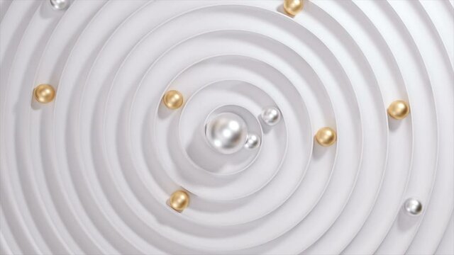 Gold and iron spheres roll down the white troughs of the spiral into the center,Abstract animation, 3d render 