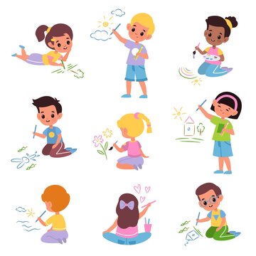 Kids draw. Little children with colored pencils, young artists with brushes and paints, boys and girls paint everything around. School and kindergarten art class, vector cartoon isolated set