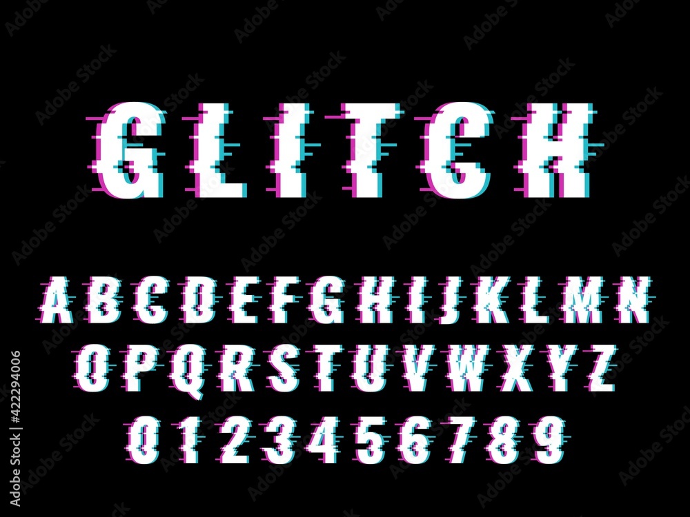 Poster glitch font. broken effect letters and numbers, distorted latin alphabet with digital interference a