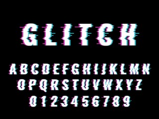 Glitch font. Broken effect letters and numbers, distorted latin alphabet with digital interference and bias, old game or vhs design typography. Damaged dynamic forms vector isolated set