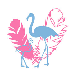 Exotic blue flamingos and pink feathers on a white background. Cute bird pattern for decorative textiles, holiday cards, tableware. 