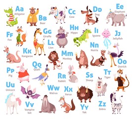 Cute animal alphabet. Color kids zoological font, letters and corresponding animals. Wildlife mammals and birds, woodland abc. Childish educational poster or cards vector cartoon set