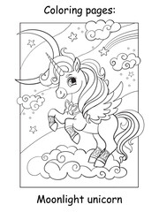 Coloring book page cute unicorn with wings