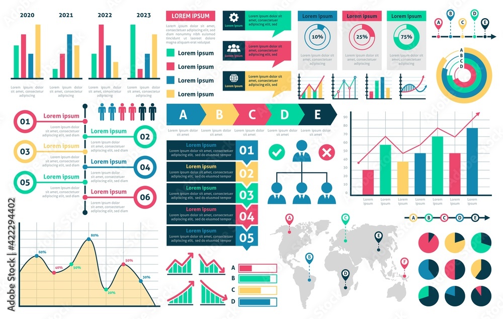 Poster charts and diagrams. graphical colorful schemes infographic, rising and falling with percentages dat
