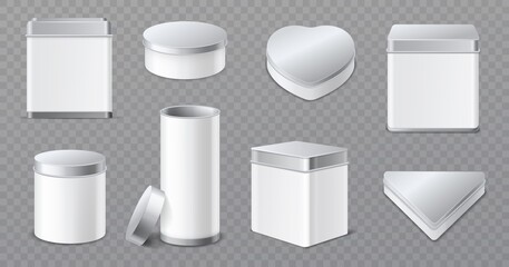 Metal boxes. Realistic tin jars, 3d white and aluminum caps containers, products blank packaging, tea, cookies and candy storage. Vector mockup set isolated on transparent background